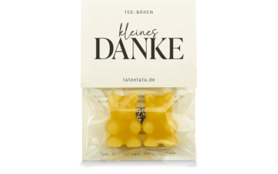 eine Tüte mit gelben süßen Bären, Teebären mit kleines Danke