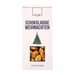 Weißer Karton mit Schokolade und Aufdruck schokoladige Weihnachten