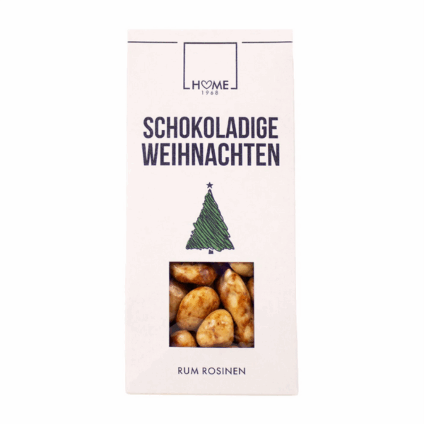 Weißer Karton mit Schokolade und Aufdruck schokoladige Weihnachten