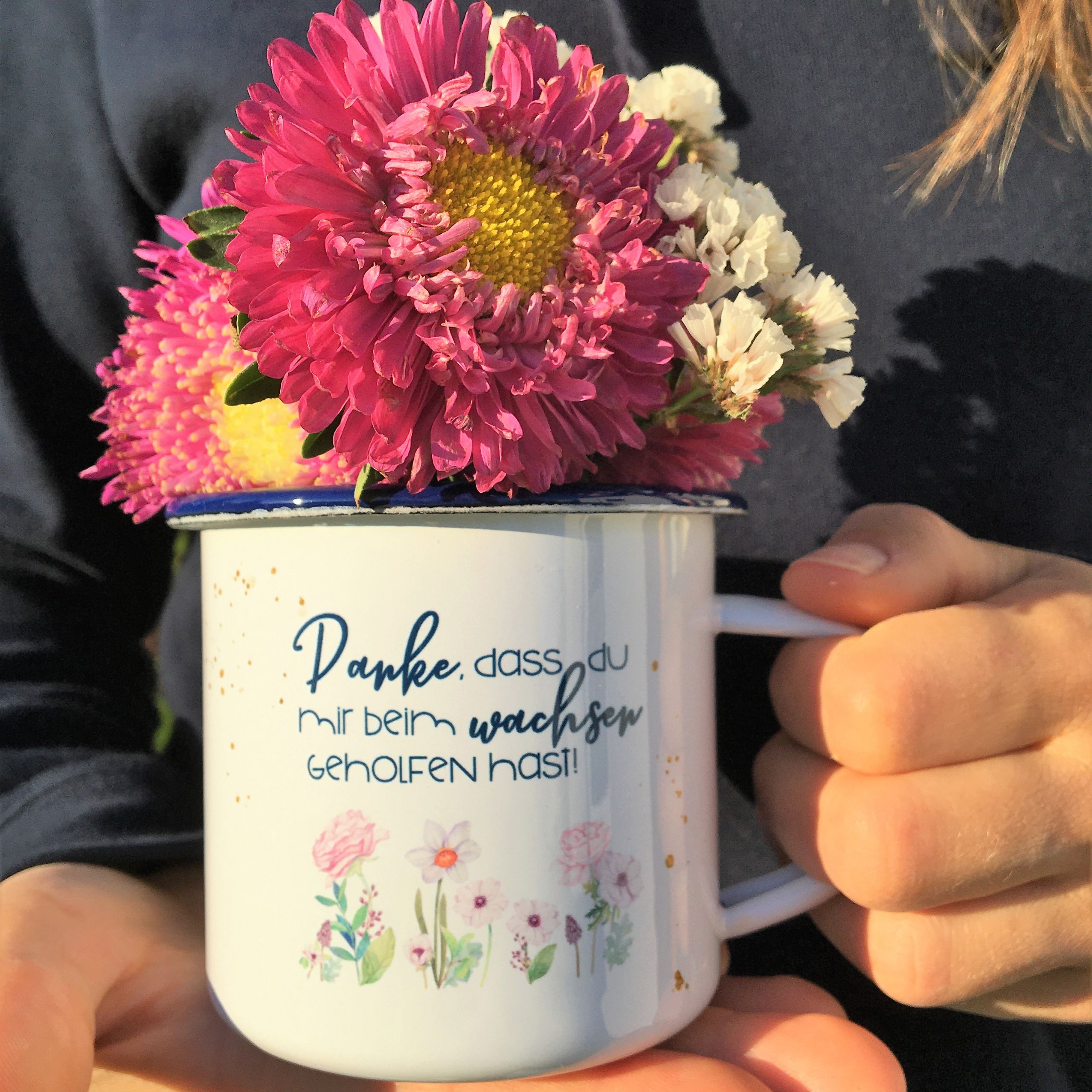 B - Ware, Emaille Tasse mit Bleistift , Danke, dass du mir beim wachsen geholfen hast!